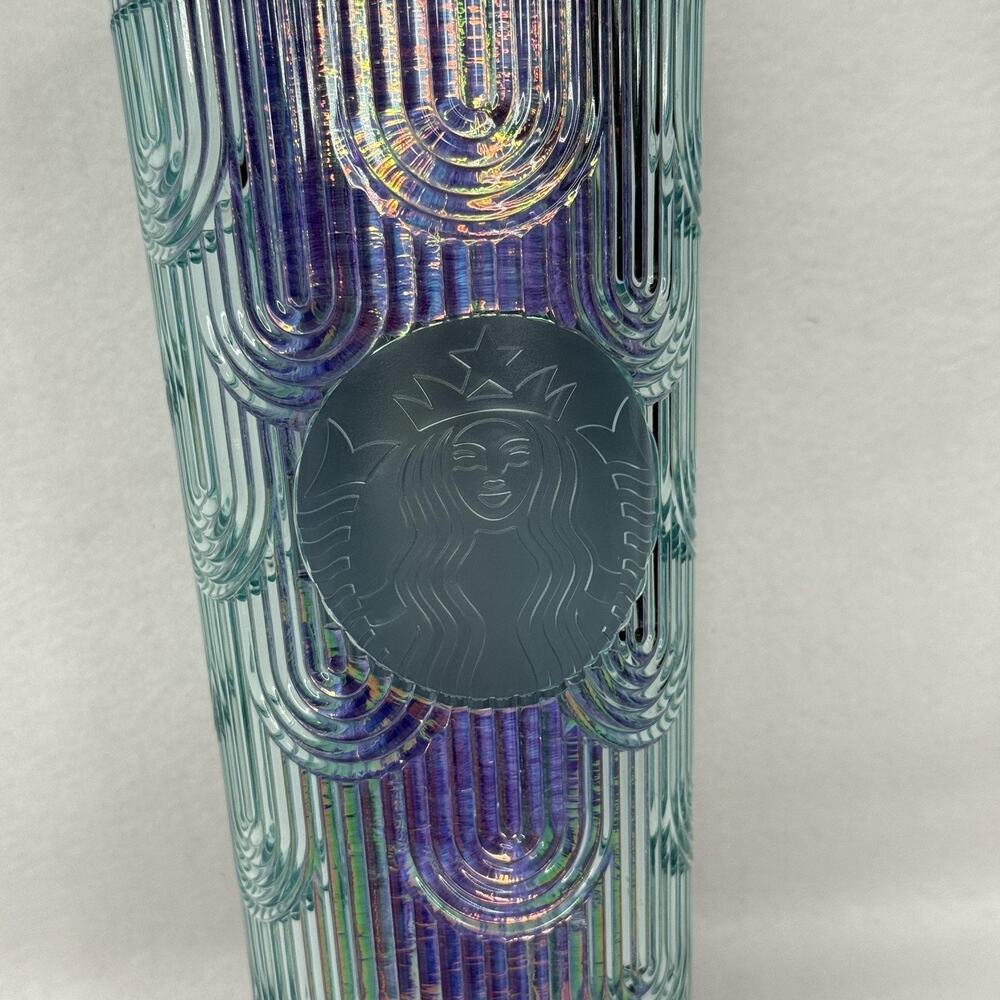 Starbucks Cold Cup Tumbler 24 Oz Green Iridescent Arch Texture W/ Straw NEW